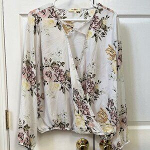 LADIES SIZE XL WISHFUL PARK LIGHT BLUE PINK FLORAL LONG SLEEVE V-NECK BLOUSE